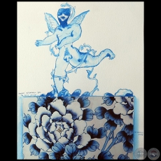 ngel atrapado por la rosa china - Serie AZUL dibujo sobre papel de Ricardo Migliorisi - Ao: 2018